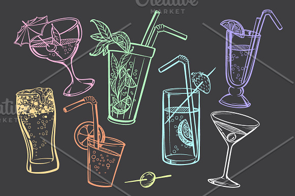 Colored Bottles & Glasses Drawings in Illustrations - product preview 2