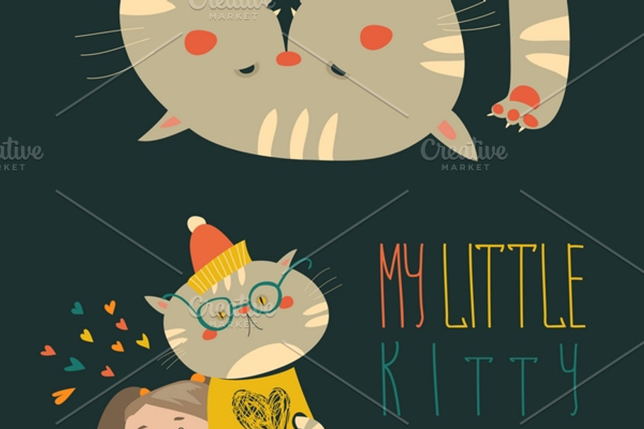 Small girl with funny kitten in Illustrations - product preview 8