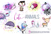 9 Cute Watercolor & Ink Animals Pack