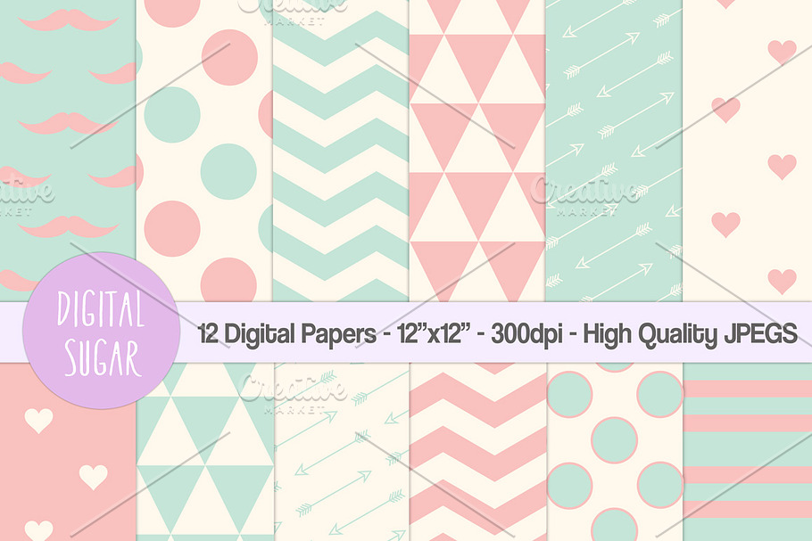 Pink & Green Digital Papers, Hipster