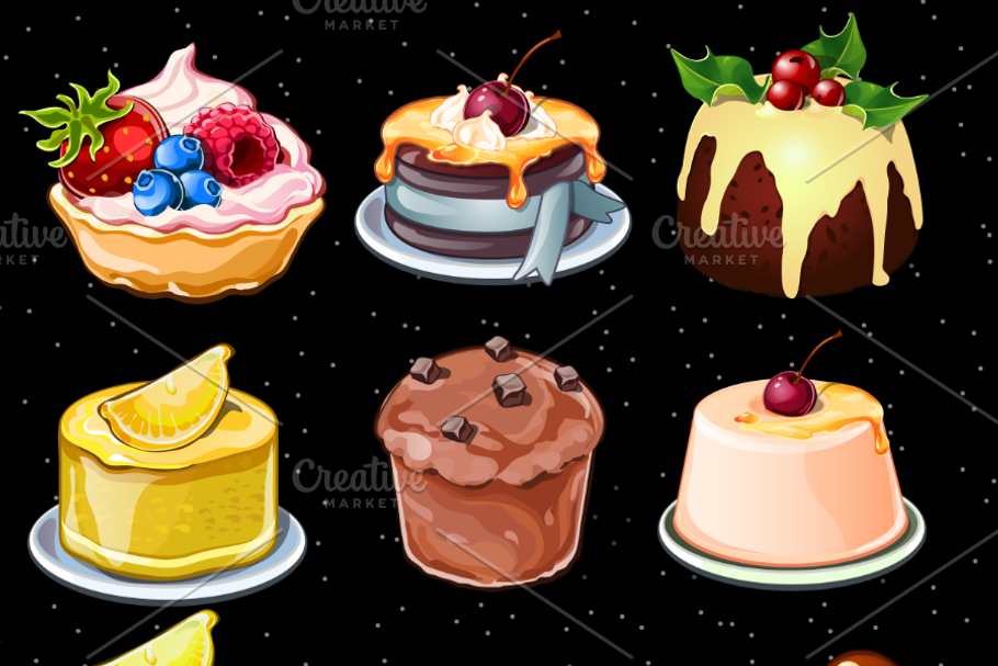 Desserts icons on a black background