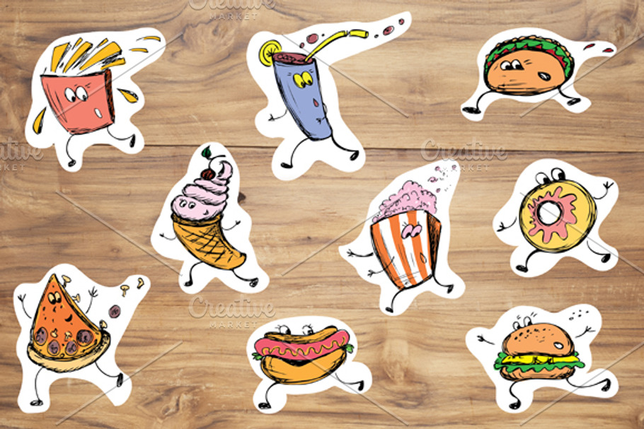 Hand drawn set of funny fast food
