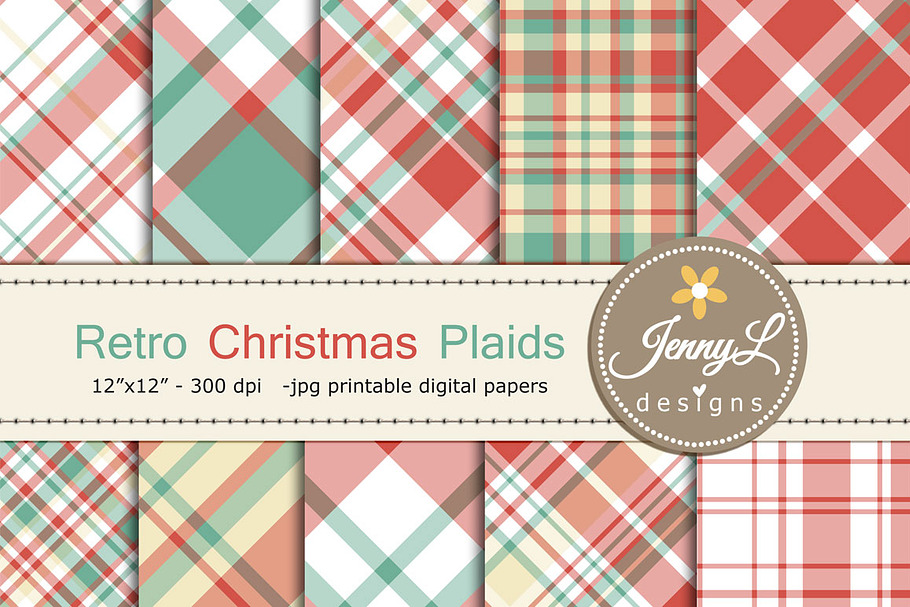 Retro Christmas Plaid Digital Papers