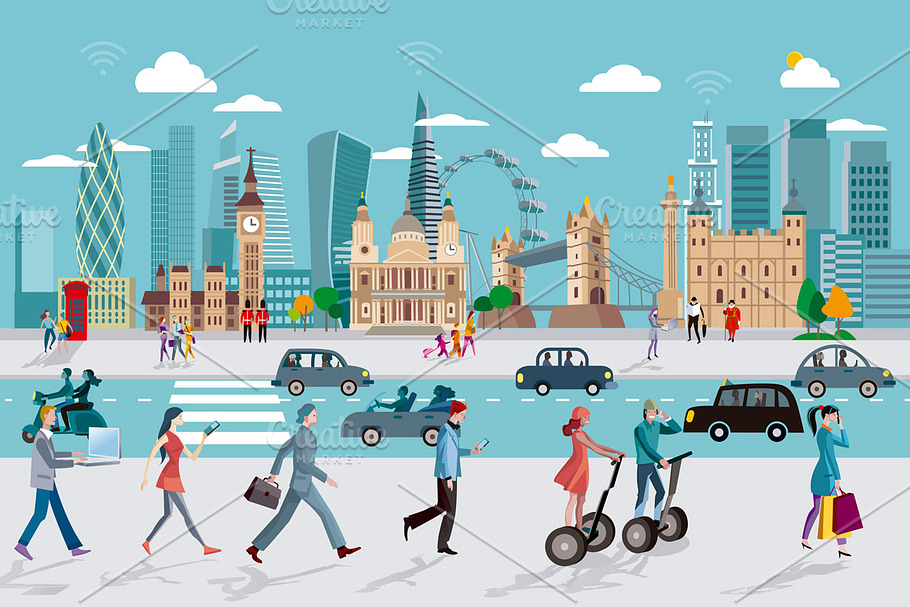 London Skyline and People Walking