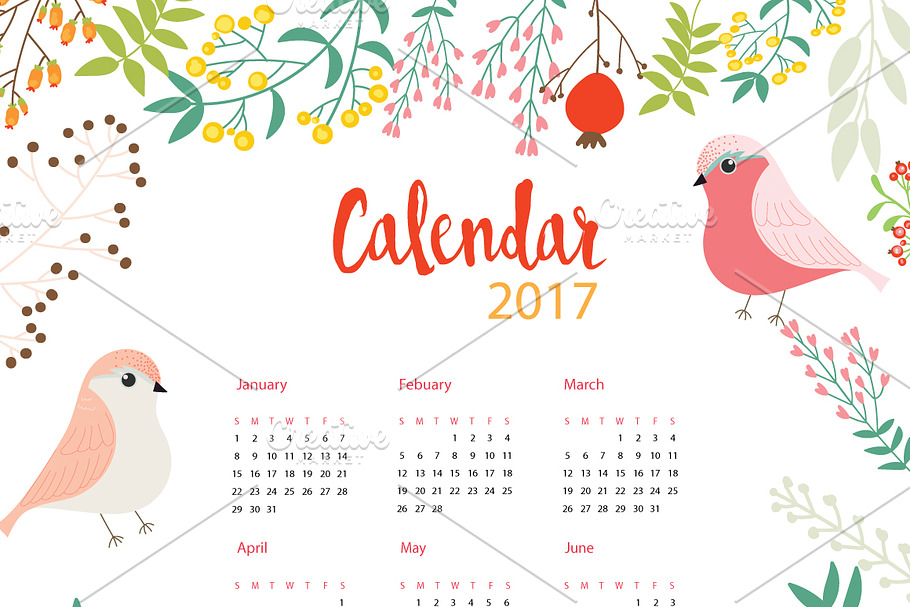 2017 Floral Calendar with bird  in Card Templates - product preview 8