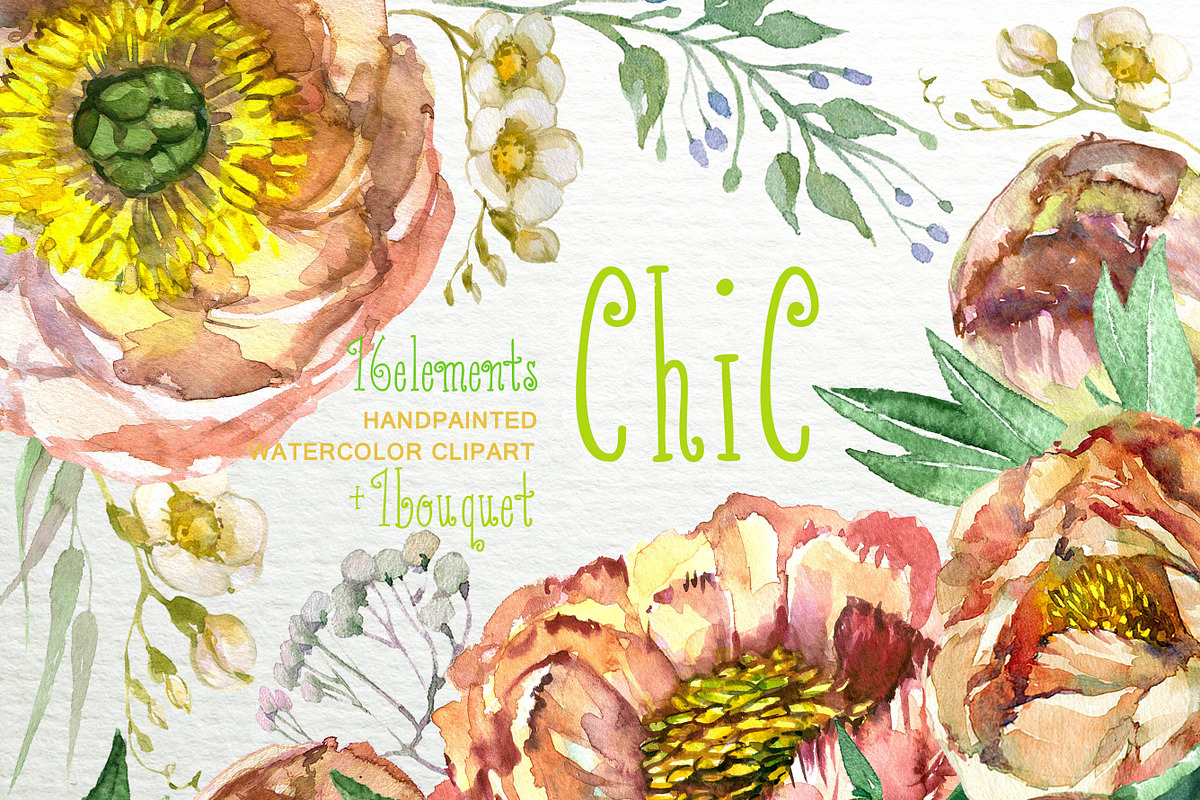 Peach Peonies Watercolor ClipArt  in Objects - product preview 8