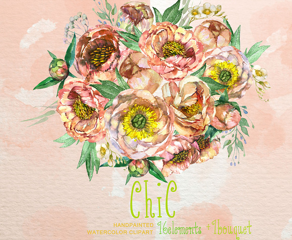 Peach Peonies Watercolor ClipArt  in Objects - product preview 2