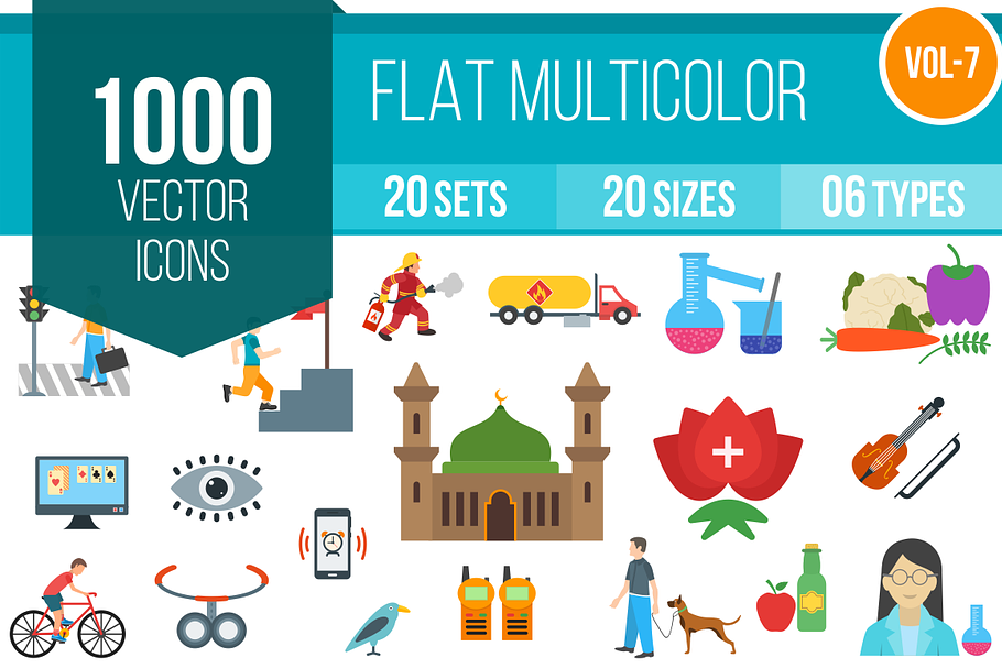 1000 Flat Multicolor Icons (V7)