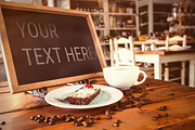Signboard with cake and coffee