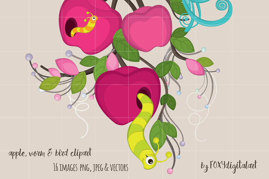 Worm and Apple Clipart Set Scrapbook