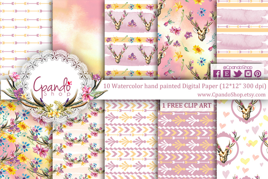 Deer watercolor digital paper in Patterns - product preview 8