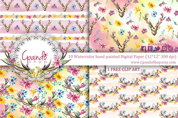 Deer watercolor digital paper in Patterns - product preview 1