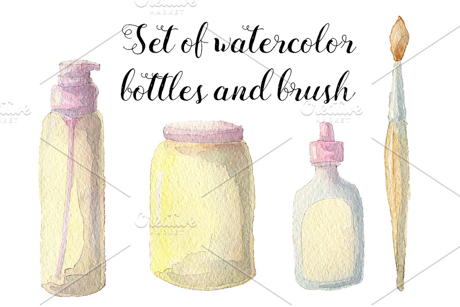 Watercolor bottles and brush set in Illustrations - product preview 8