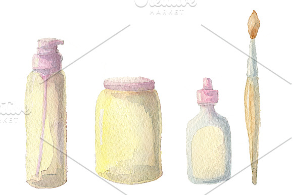 Watercolor bottles and brush set in Illustrations - product preview 1
