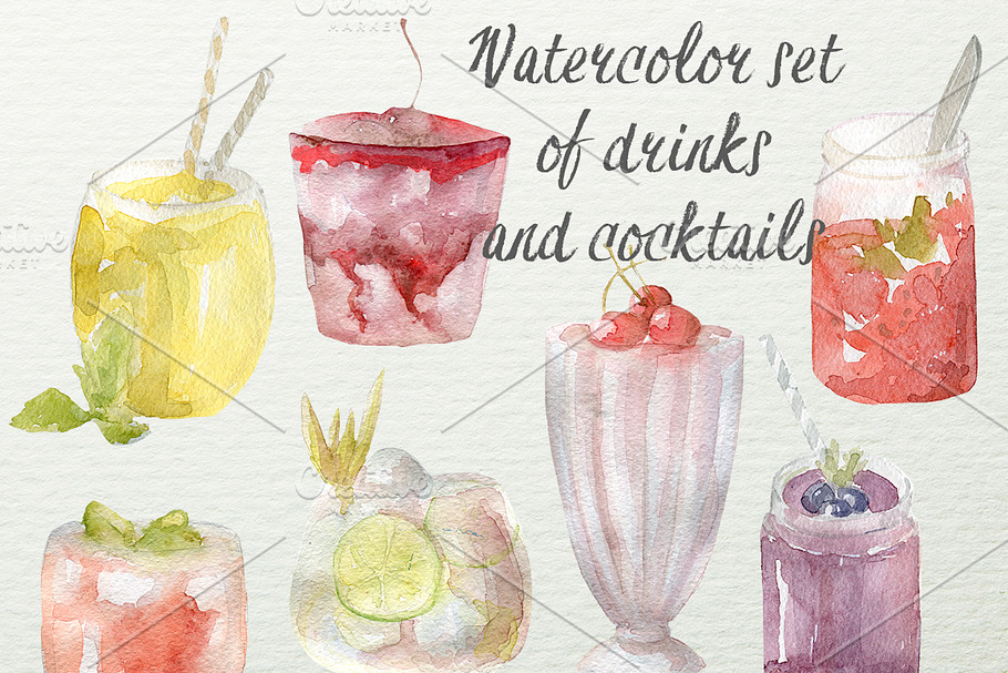 Watercolor set of drinks & cocktails