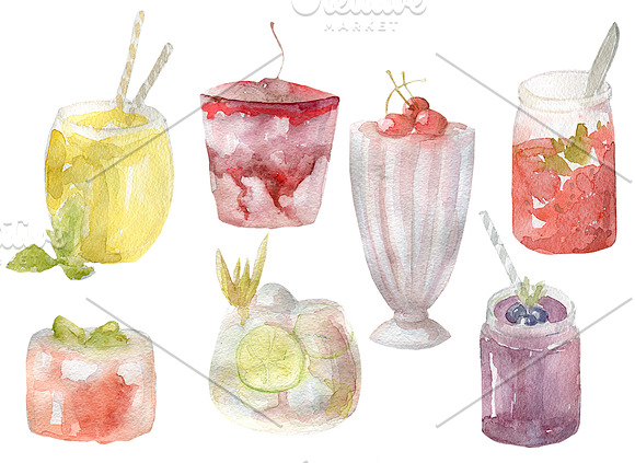 Watercolor set of drinks & cocktails in Illustrations - product preview 1