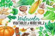 Watercolor Vegetables, Herbs, Green