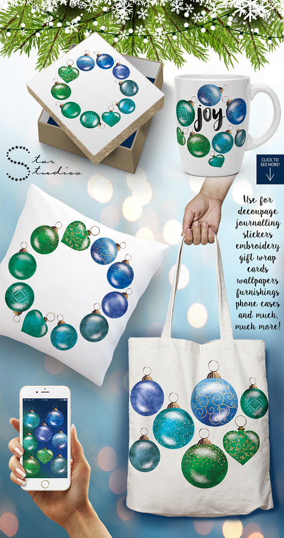 BLUE & GREEN Christmas Ornaments in Illustrations - product preview 1