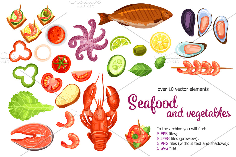 Seafood and Vegetables set in Illustrations - product preview 8