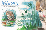 watercolor cat and goldenfish