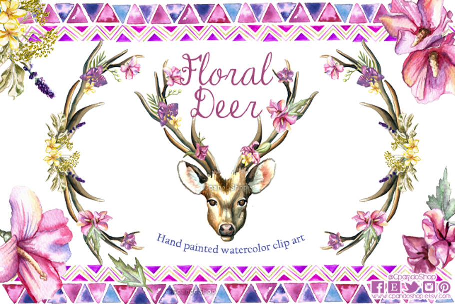 Deer floral horns watercolor in Illustrations - product preview 8