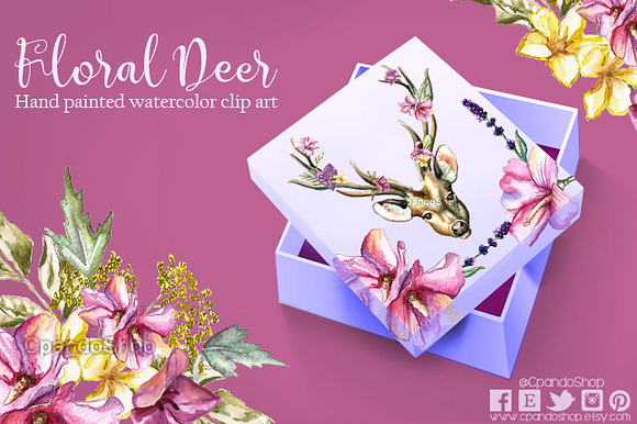 Deer floral horns watercolor in Illustrations - product preview 1