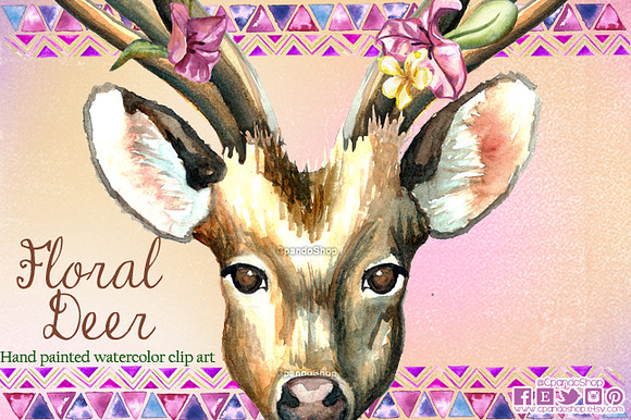 Deer floral horns watercolor in Illustrations - product preview 2
