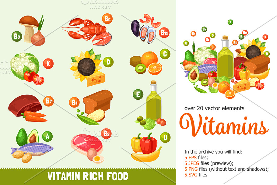 Vitamins and Healthy Food Set in Illustrations - product preview 8