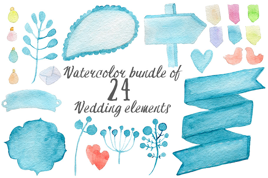 Watercolor wedding elements bundle