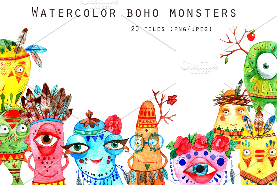 Watercolor boho monsters set.