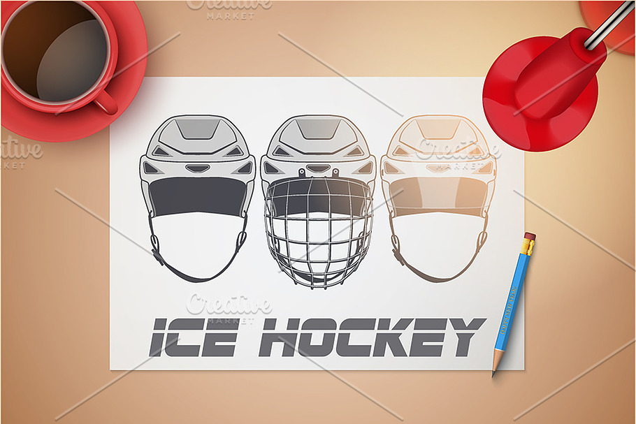 Sketches of Ice Hockey Helmets in Icons - product preview 8