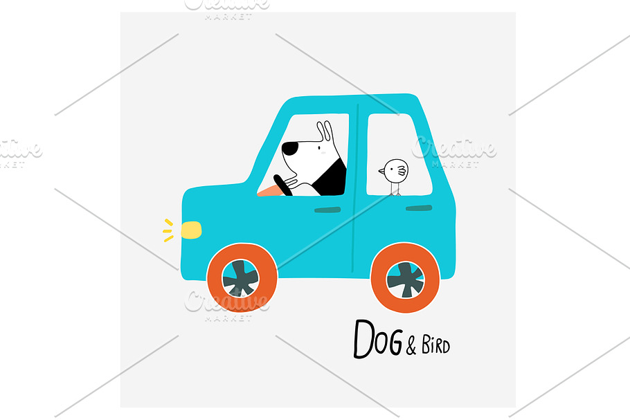 Dog & Bird driving a car in Illustrations - product preview 8