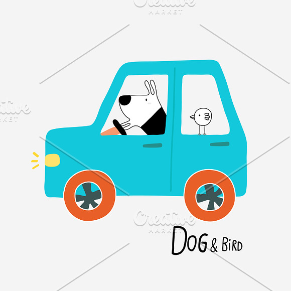 Dog & Bird driving a car in Illustrations - product preview 1