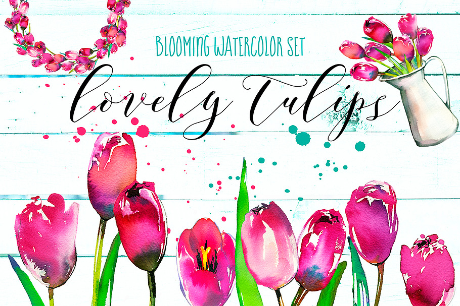 Pink Tulips Watercolor Floral Set in Illustrations - product preview 8