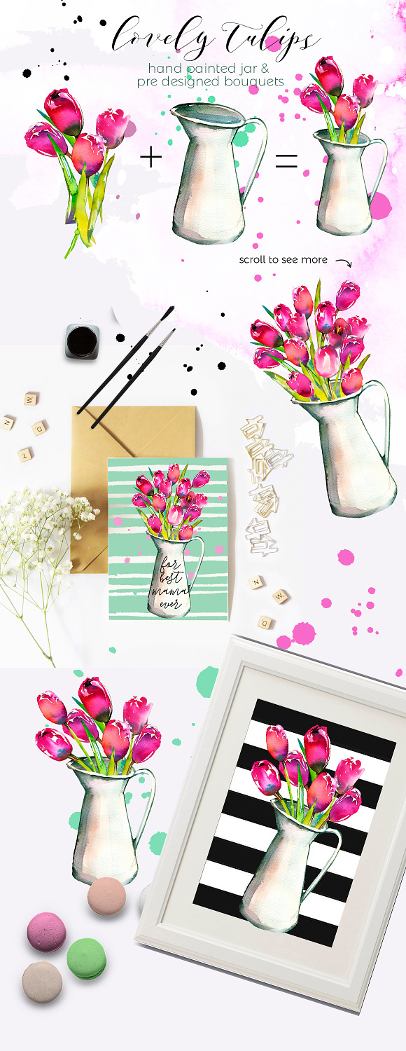 Pink Tulips Watercolor Floral Set in Illustrations - product preview 3