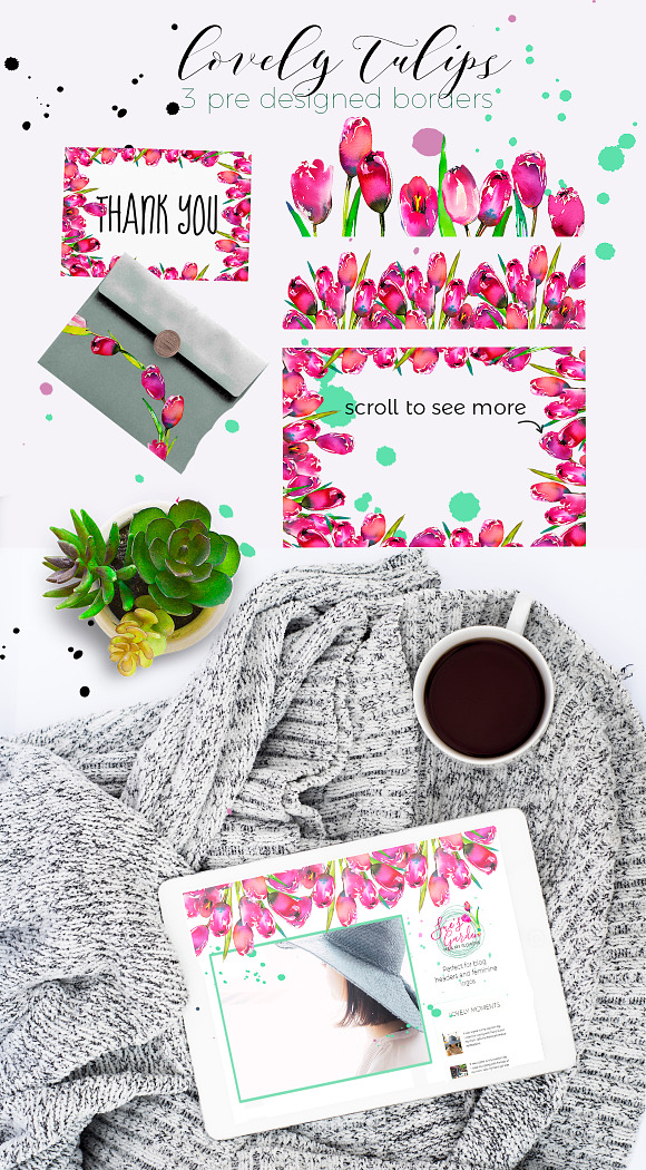 Pink Tulips Watercolor Floral Set in Illustrations - product preview 4