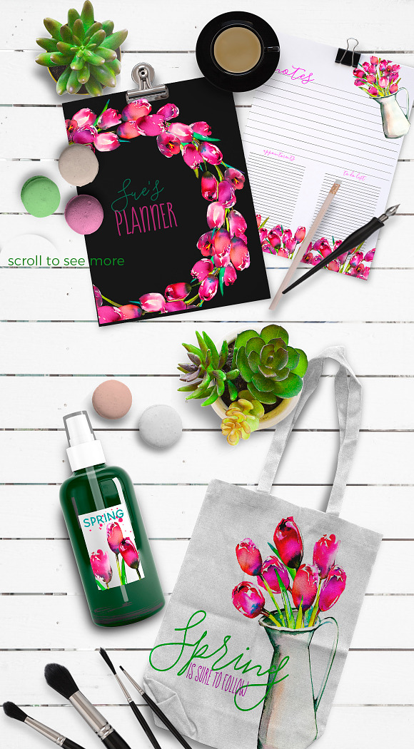 Pink Tulips Watercolor Floral Set in Illustrations - product preview 6