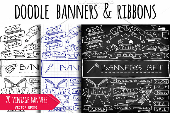 Doodle vintage banners & ribbons in Illustrations - product preview 3