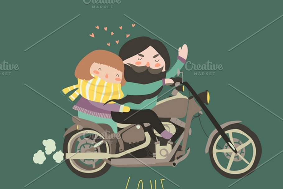 Couple in love riding a motorcycle in Illustrations - product preview 8