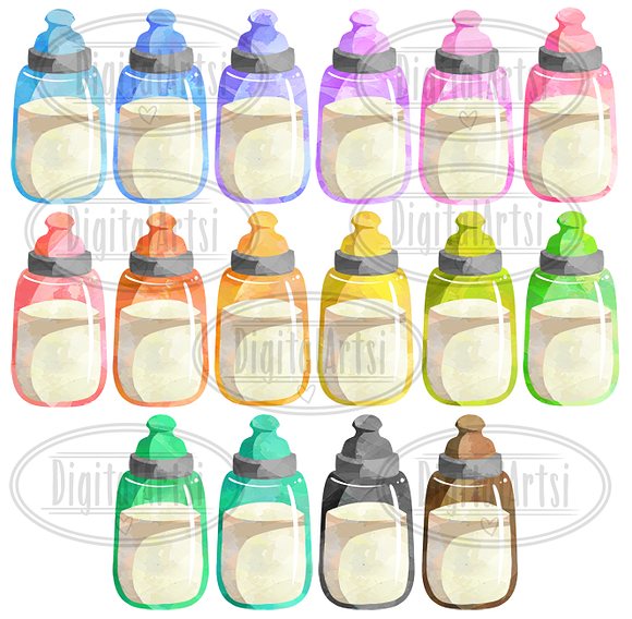 Watercolor Baby Bottles Clipart in Illustrations - product preview 1