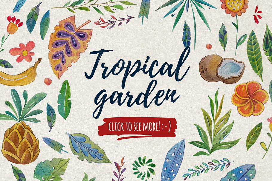 Tropical garden Watercolor set in Illustrations - product preview 8