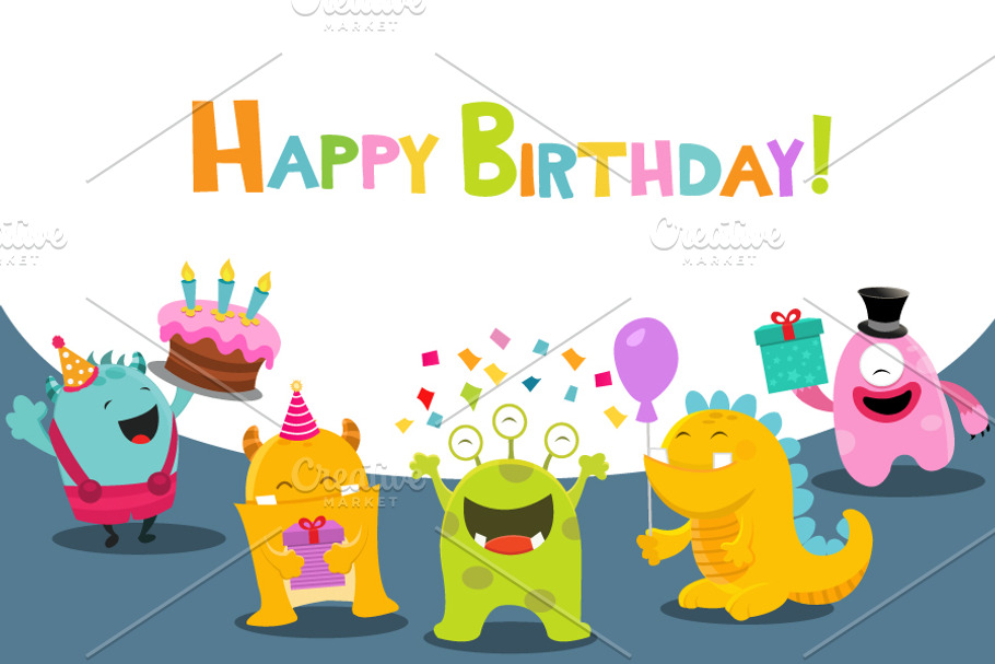 Cute Birthday Card With Monsters in Illustrations - product preview 8