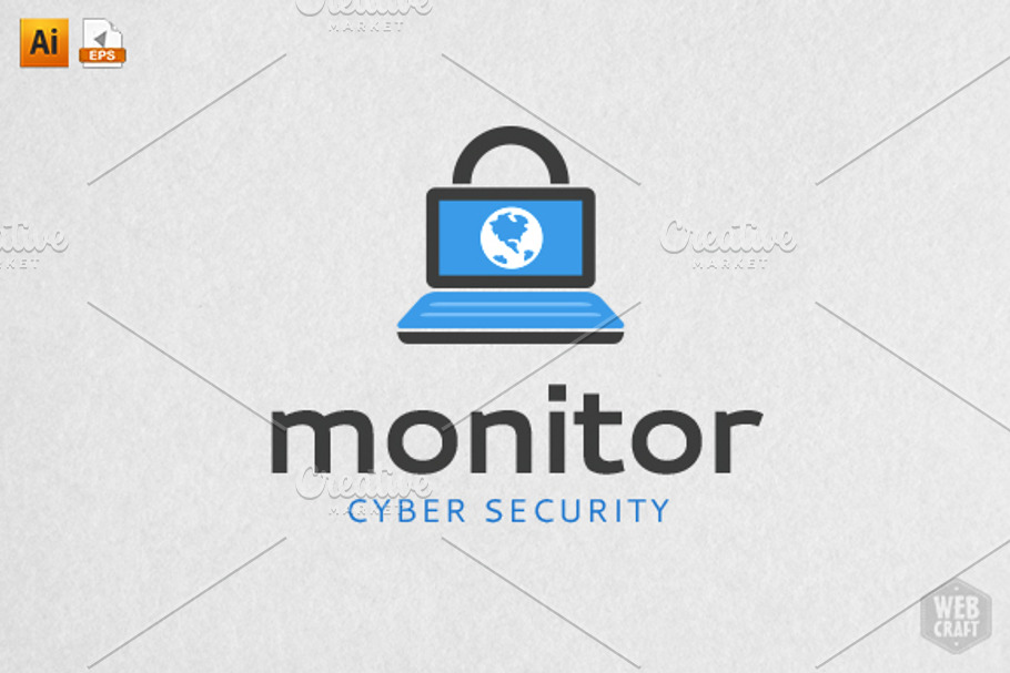 Monitor Cyber Security Logo Template