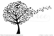 Music tree with flying notes, vector