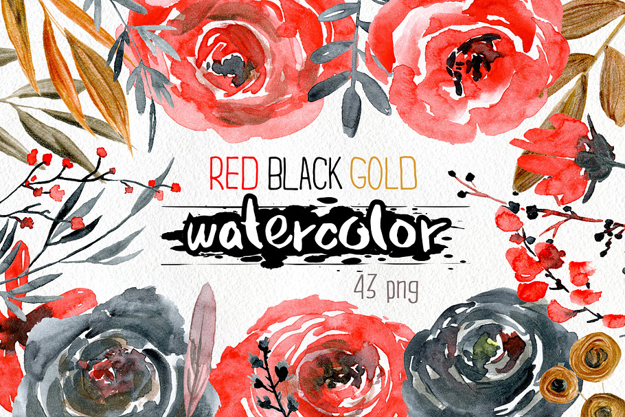 Watercolor red black gold flowers in Graphics - product preview 8