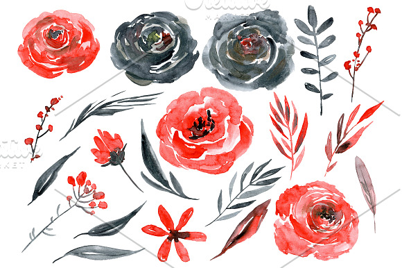 Watercolor red black gold flowers in Graphics - product preview 1