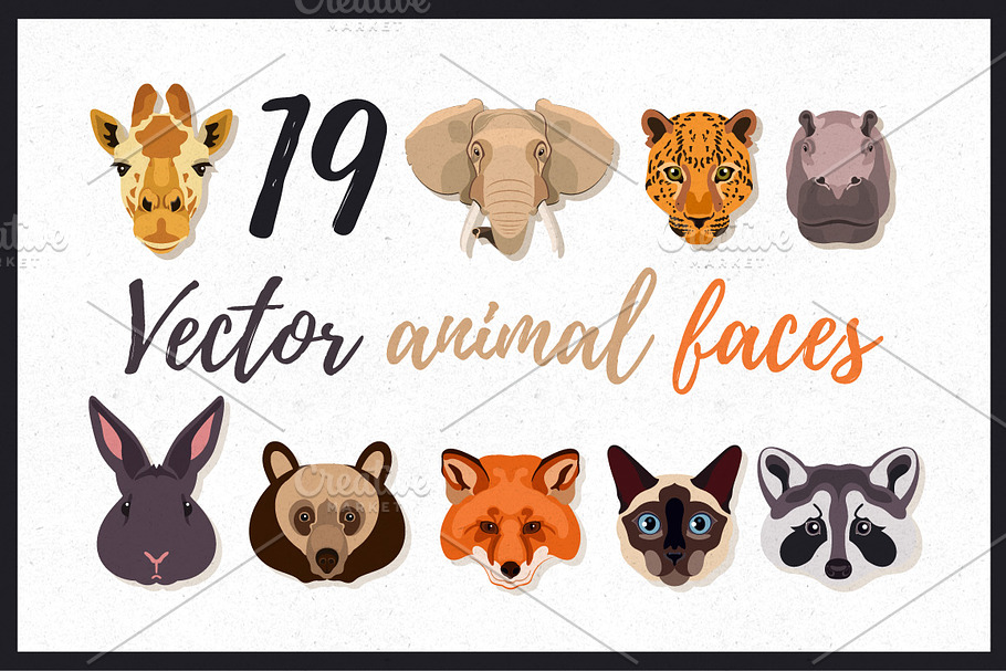 19 Vector Animal Faces.