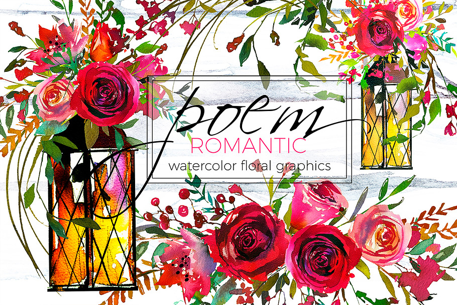 Red Magenta Watercolor Florals  in Illustrations - product preview 8