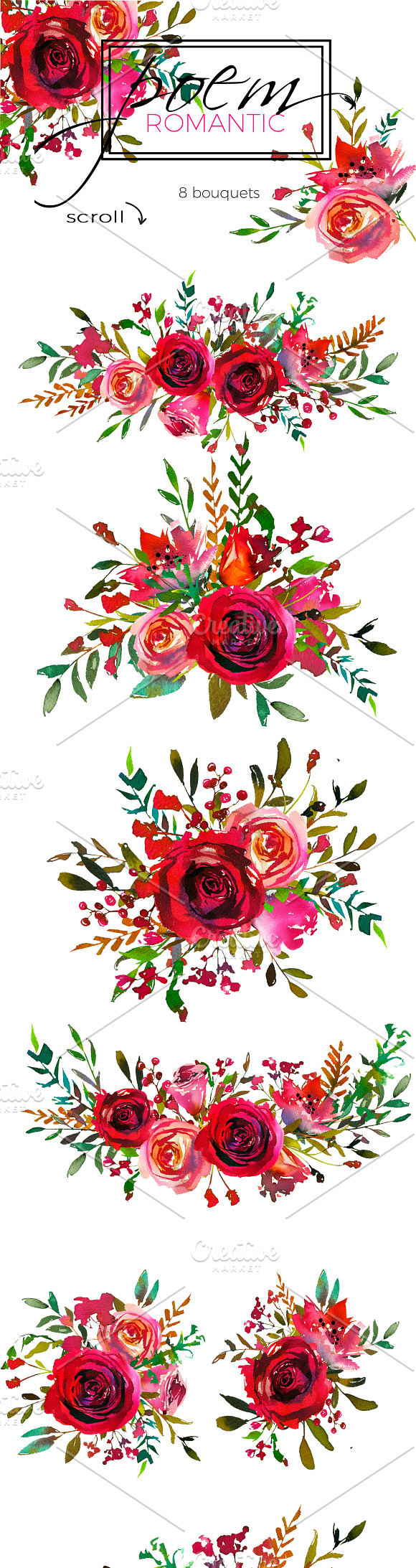 Red Magenta Watercolor Florals  in Illustrations - product preview 7