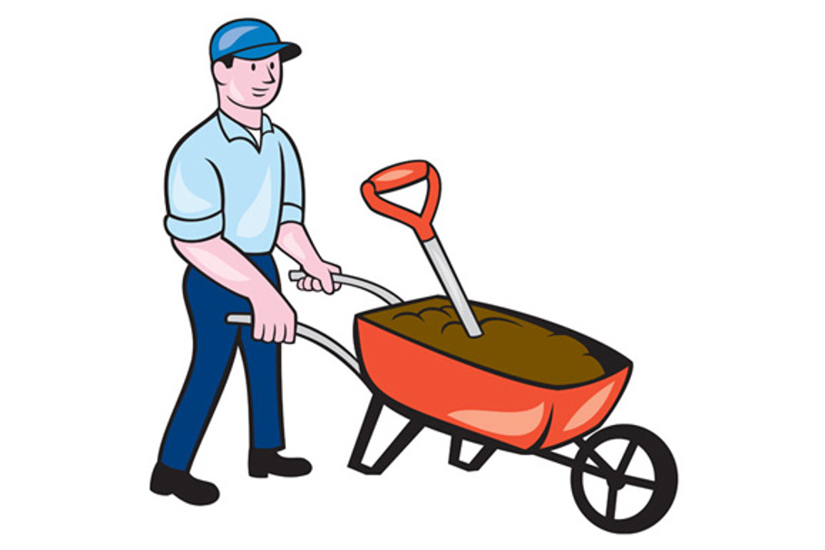 Gardener Pushing Wheelbarrow Cartoon in Illustrations - product preview 8
